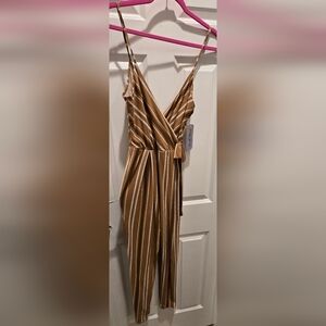 Derek Heart Tan and White Striped Jumpsuit